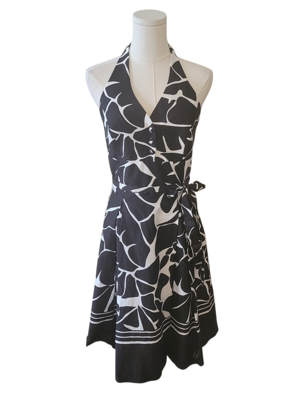WHBM Black & White Graphic Cotton Halter Swing Dress Size‎ 4